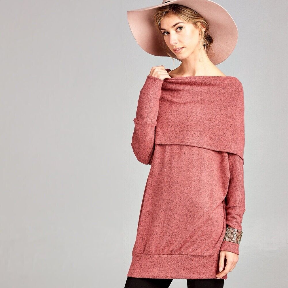 Love‎ Kuza Salmon Pink Cowl Neck Long Sweater Cozy Teddy Bear Feel Women's Sz L